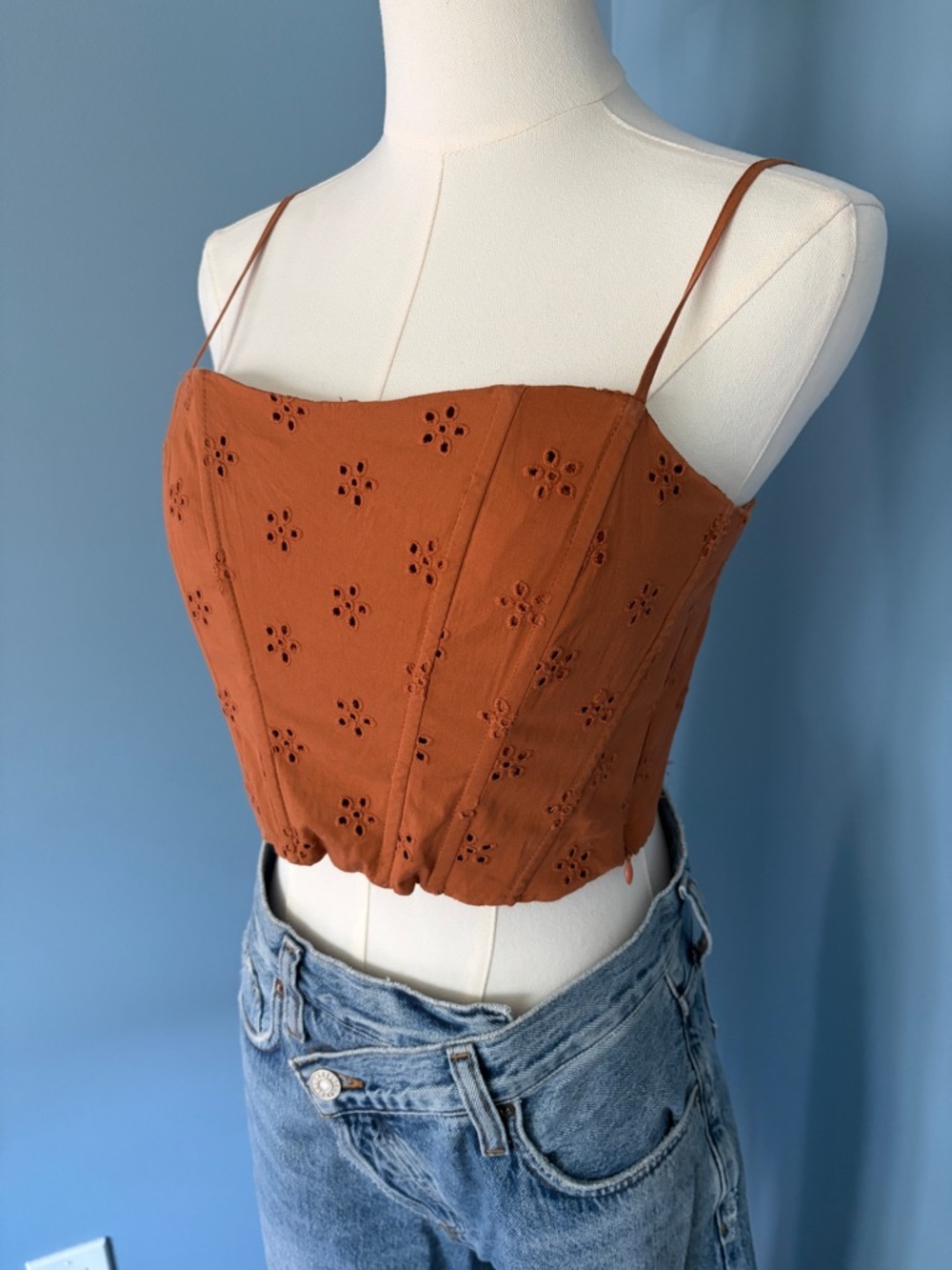 Jason Wu Eyelet Crop Top Orange Corset Style Smocked Back Adjustable Straps